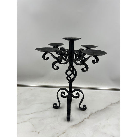 Vintage Wrought Iron 5 Light Candelabra Black Scroll Gothic Candle Holder 12in