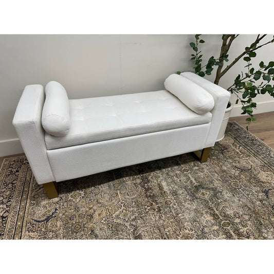 Angel 50.4" Wide Storage Bench-IVORY Gold Base Storage Bench with Bolster Pillows, Upholstered
