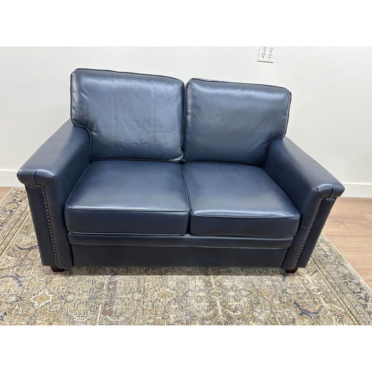 Lola 56" Wide Leather Sofa Navy Nail Head Couch