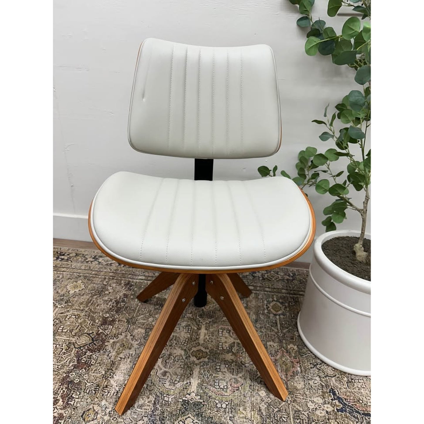 Will Office Chair Wood Base MCM Vibes Ivory Leather Upholstered Seat