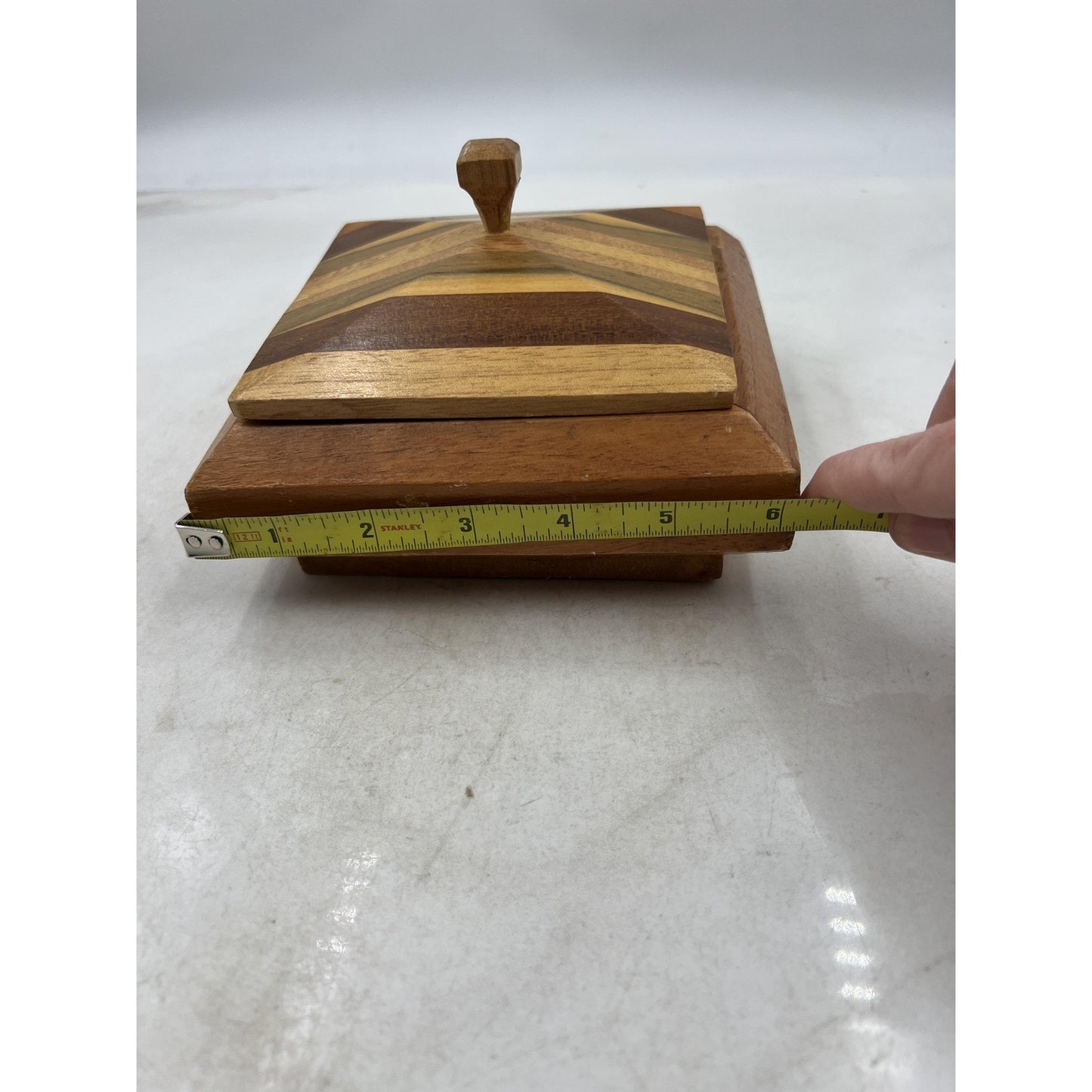 Vintage Handmade Striped Wood Jewelry Box Velvet Lined Lid Geometric Square 6"