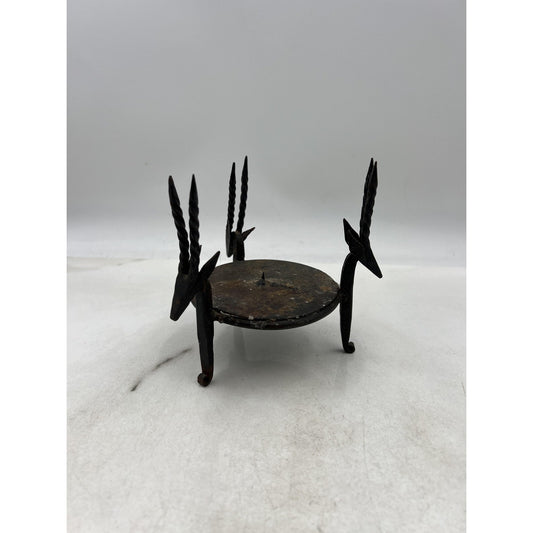 Hand Forged Wrought Iron Antelope Gazelle Heads Tripod Candle Holder Spike