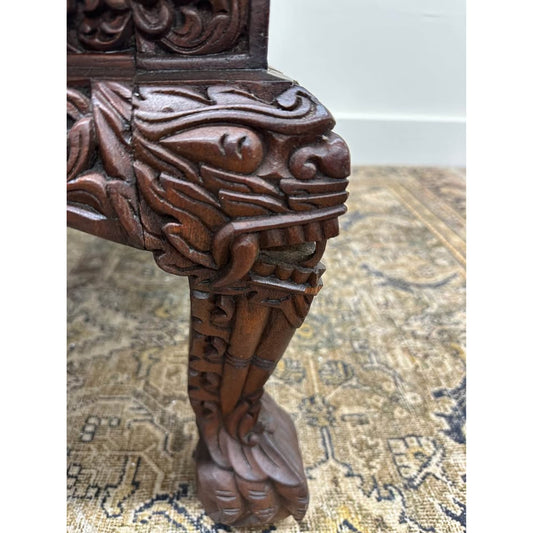 Antique Mahogany Coffee Table Chinese Asian Burmese Anglo-Indian Hand Carved Wood Ball Claw Feet