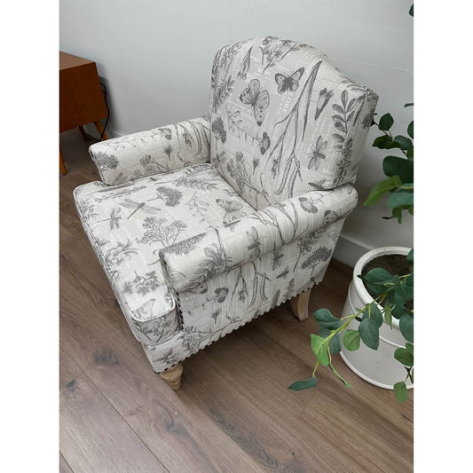 Raphael Armchair-GREY Butterflies Dragonflies Upholstered Nail Head Trim New Karat Home