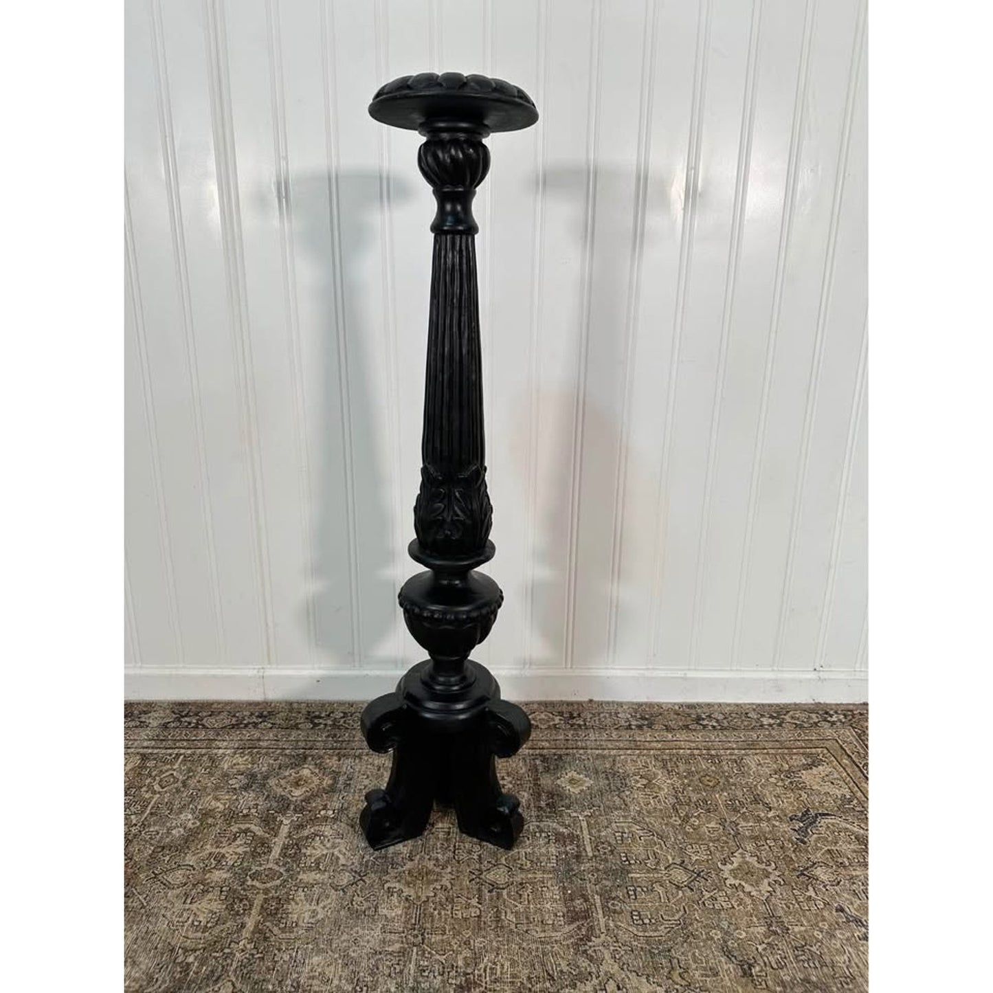 VTG Wood Carved Ornate Tall Black Painted Wood Pillar Candle Holder Plant Stand