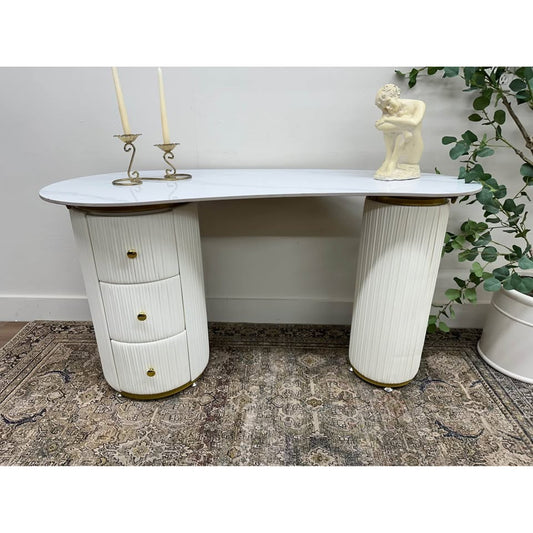 White Free Form Stone Desk Vanity Table Manufactured Wood+Leather Groove Interiors 3 Drawers