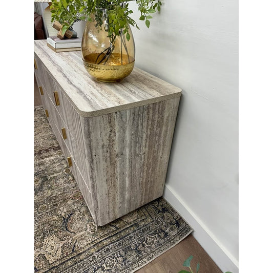 Roma Italian Faux Travertine Gold Dresser 6 Drawer Console Entry Credenza