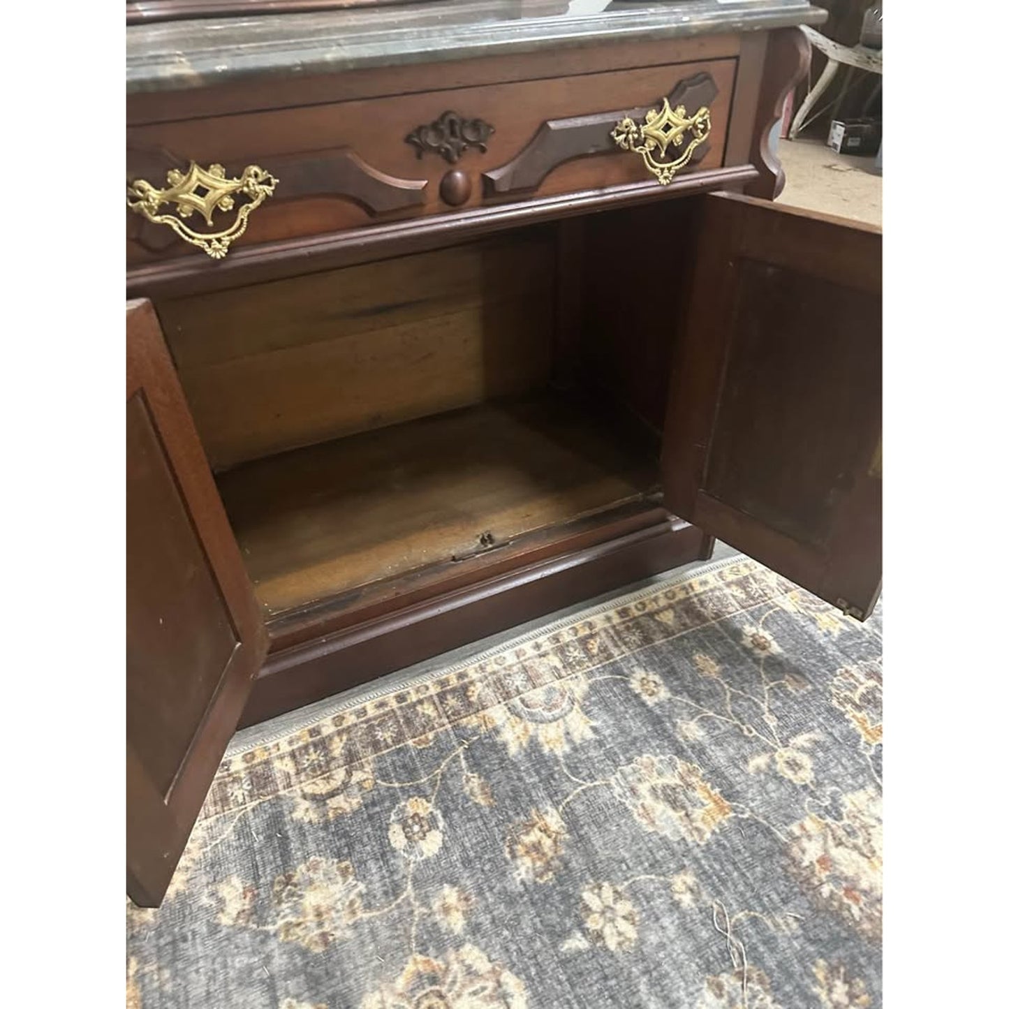 Antique Victorian Mahogany Entry Table Dresser Side Table Cabinet Mirror Marble Top