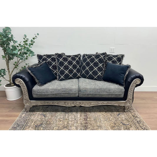 Bernardus Sofa Couch 2-Tone Fabric Wooden Frame Loveseat With Carved Wood Trim Black Gray