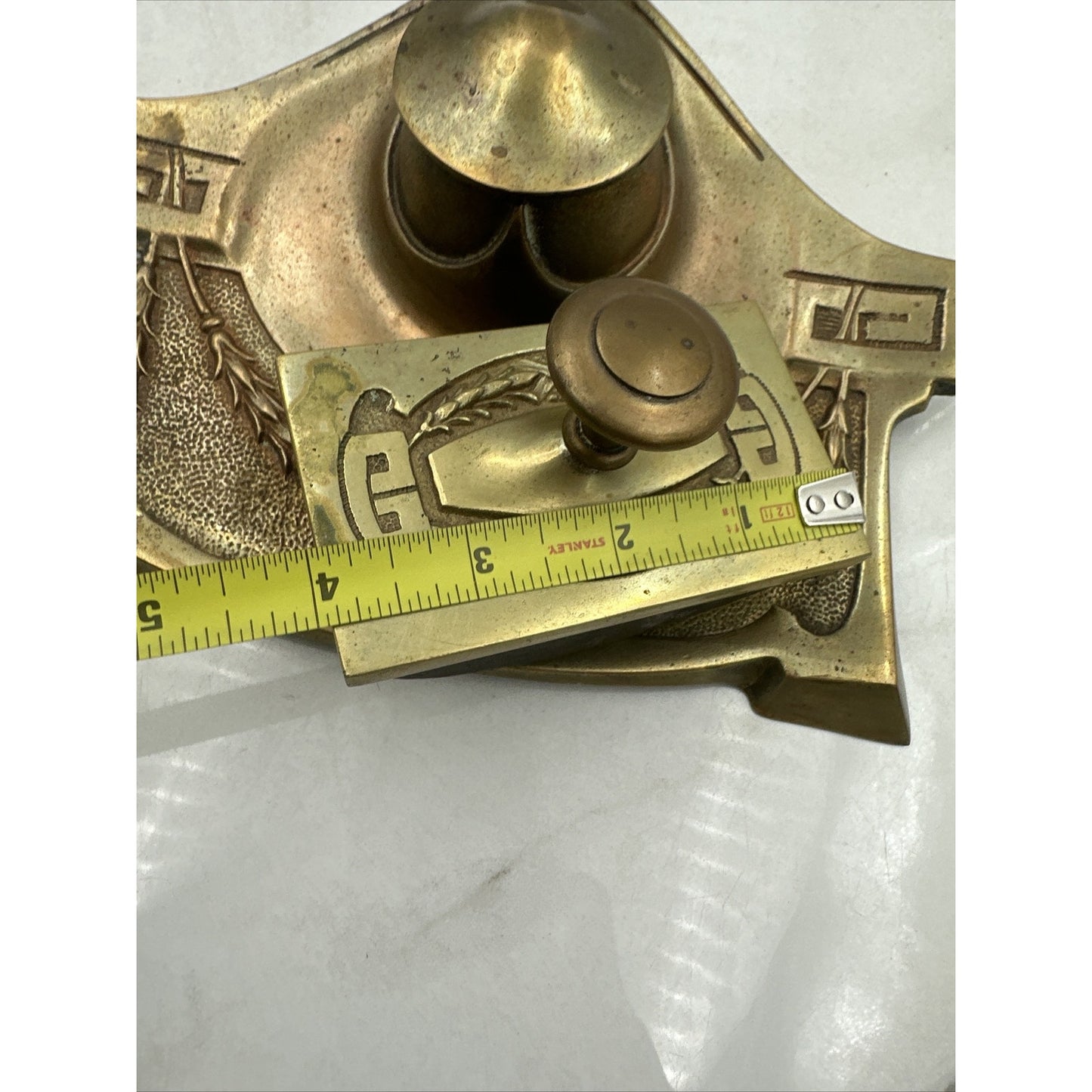 Antique Brass Double Inkwell and Stamp Stamper Art Nouveau Wheat Office Desk