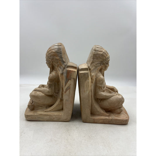 Vintage Montana Swirl Bookends Native American Chief Clay Pottery Set of 2