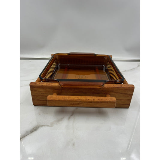 VTG Fire King Amber Glass Baking Dish Wood Cradle Anchor Hocking MCM