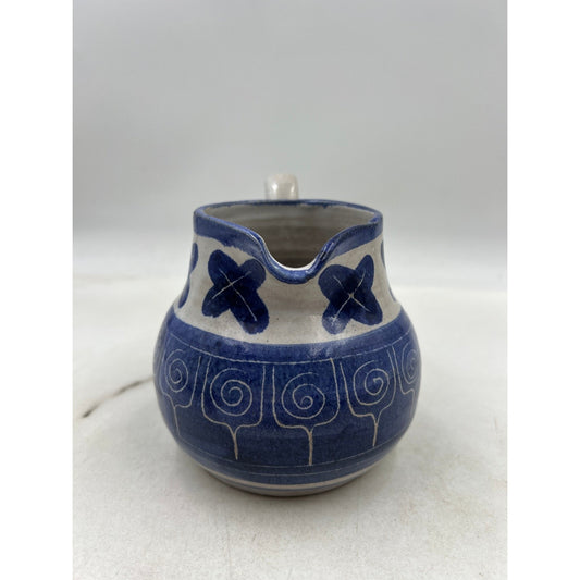 Blue White Ceramic Pitcher Creamer Small Decorative Hand Painted Swirl Floral