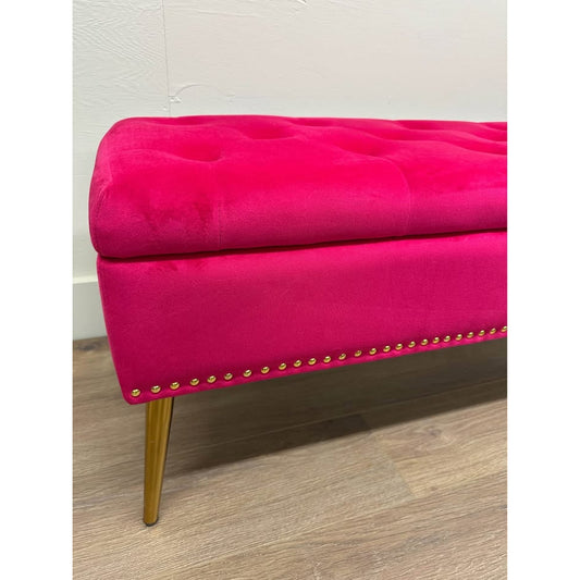 Achilles Storage Bench-FUCHSIA Hot Pink Gold Metal Legs Nailhead Detail