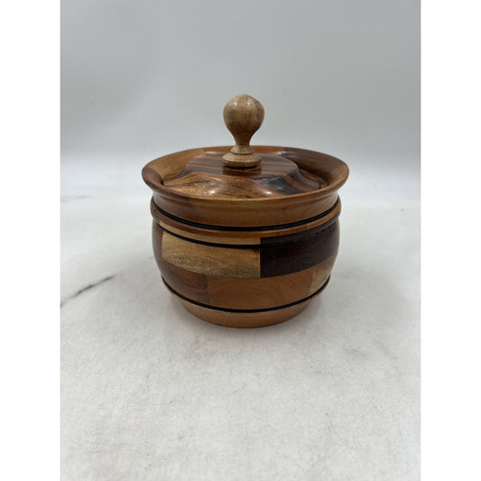 Handmade Wood Lidded Trinket Box Container Multi-Tone Carved Decorative Storage