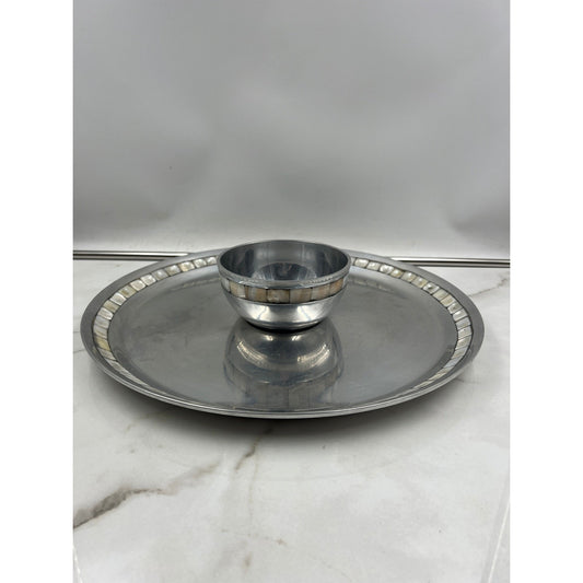 Towle Silversmiths Chip and Dip Serving Set Mother of Pearl Inlay Metal Platter