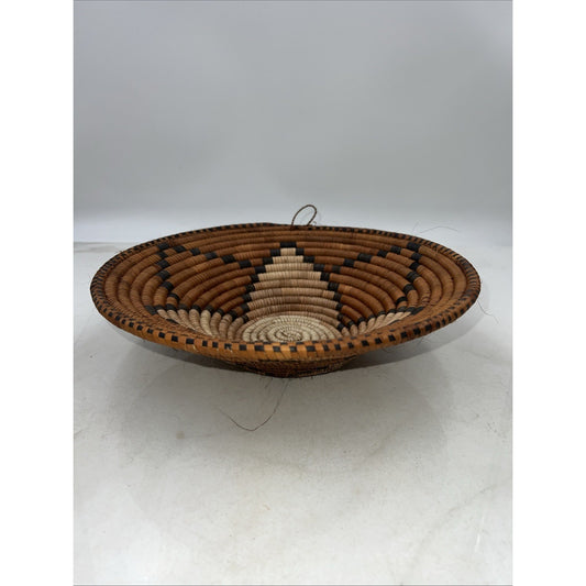 Vintage Coiled Hopi Indian Basket Tray Geometric Pattern Brown Tan Handles 12"