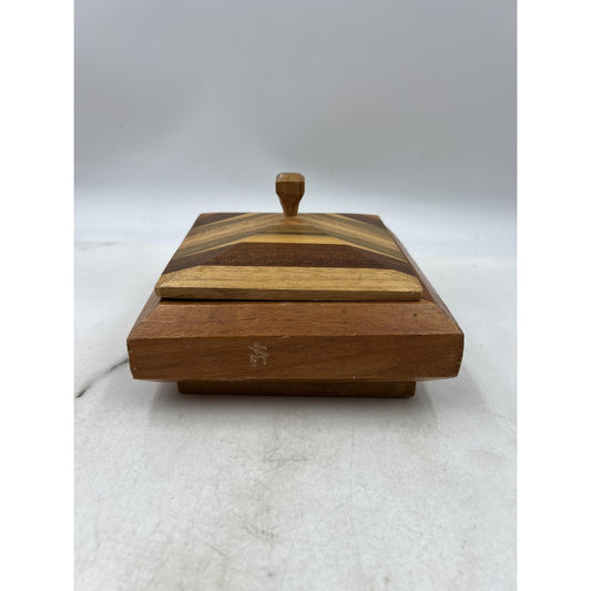 Vintage Handmade Striped Wood Jewelry Box Velvet Lined Lid Geometric Square 6"