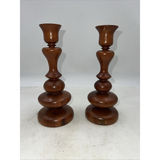 Vintage Wood Candle Holders Turned Brown Set Of 2 Morris Springer Home Decor 9"