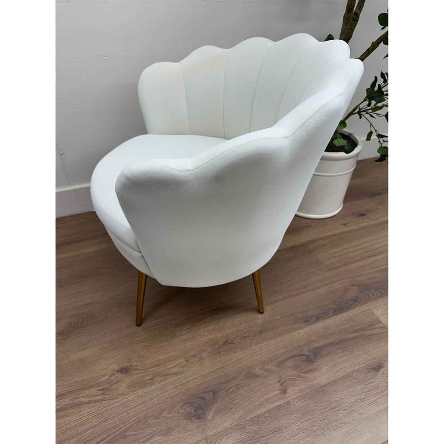 Donata Barrel Chair-IVORY Scalloped Side Chair Vanity Gold Legs New Karat Home