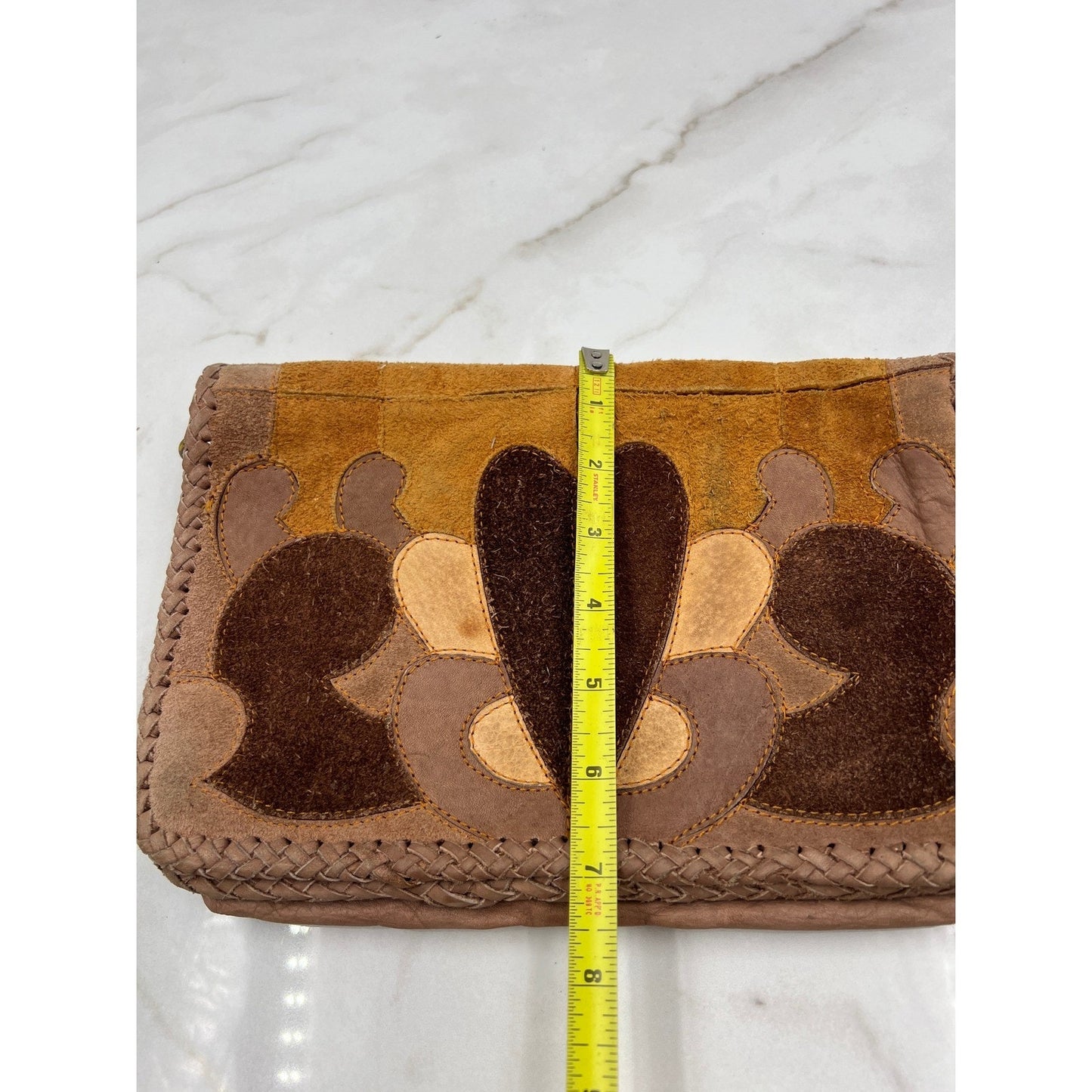 Vintage Patchwork Suede Leather Heart Boho Clutch Bag Brown Tan Braided Trim