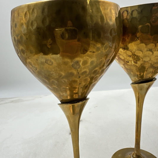 Vtg Brass Wine Glasses Goblet Bar Drink Chalice 7" Hammered Texture Tulip Stem 4