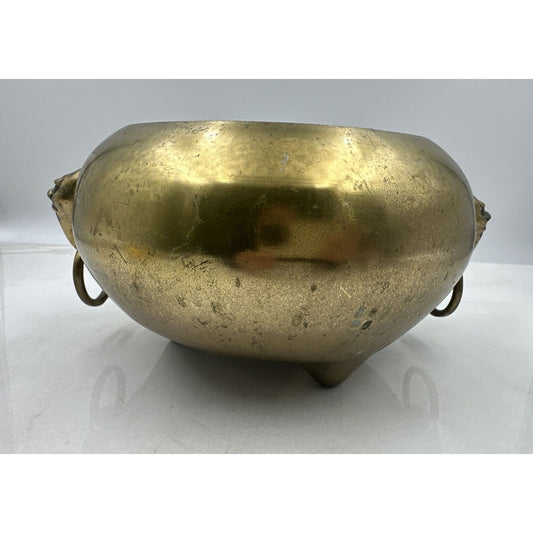 VTG Brass Censer Pot Planter Metal Three Leg Incense Ringed Face Handles