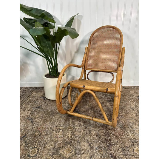 Vintage Thonet Style Large Tortoise Bamboo Bentwood Cane Rattan Rocking Arm Chair