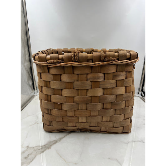Vintage Woven Wood Splint Basket Square Farmhouse Storage with Rope Handles
