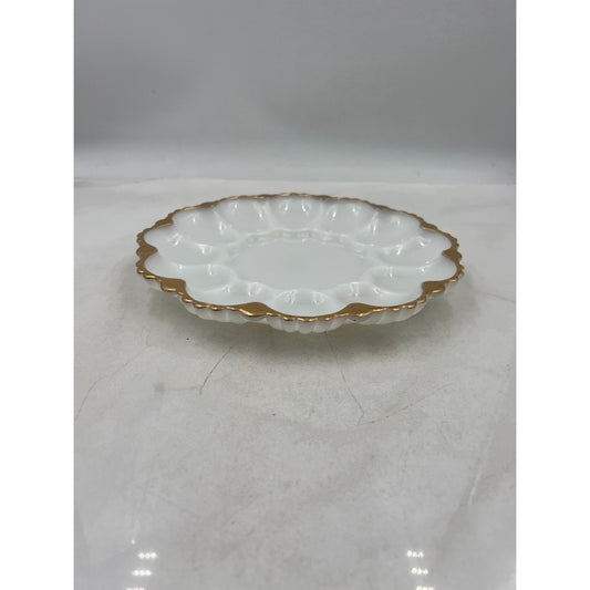 Vintage Milk Glass Egg Plate Gold Trim Scalloped Edge 12 Egg Holder Serving Dish