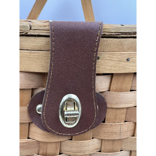 Woven Wood Splint Picnic Basket Tote Hinged Lid Lined Leather Strap Handles