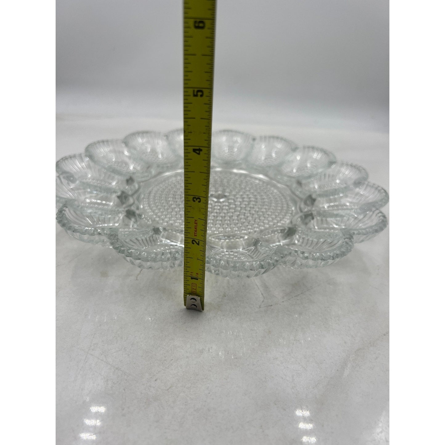 VTG Clear Glass Egg Plate Tray Holder 12 Eggs Center Serving Dish Scalloped Edge