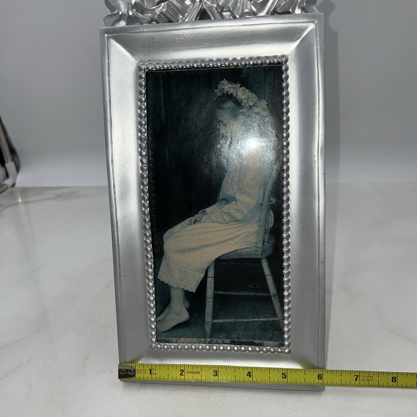 Vtg Silver Tone Picture Frame Ribbon Bow Coquette 4x8"