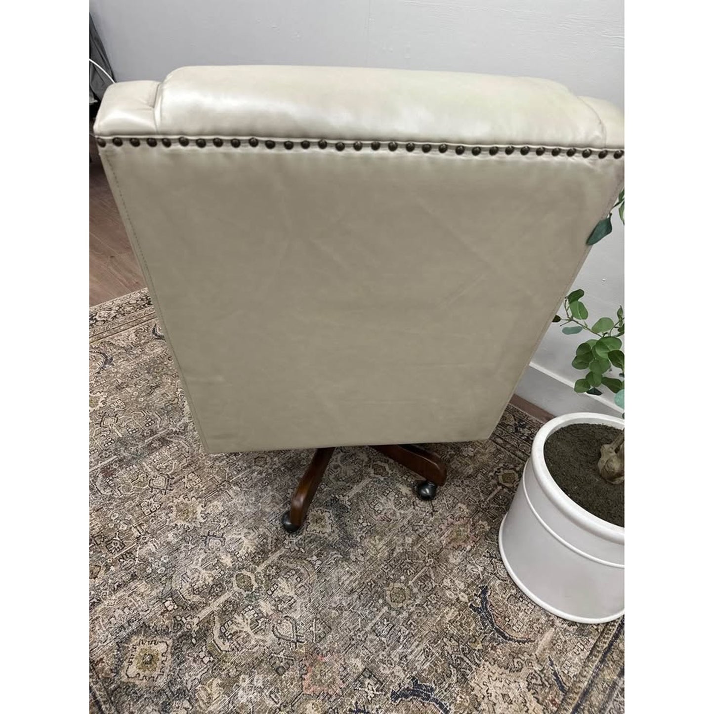 Viv Vegan Leather Executive Task Chair- Tan Brown Wood Rolling Base Office Chair Desk Nailhead