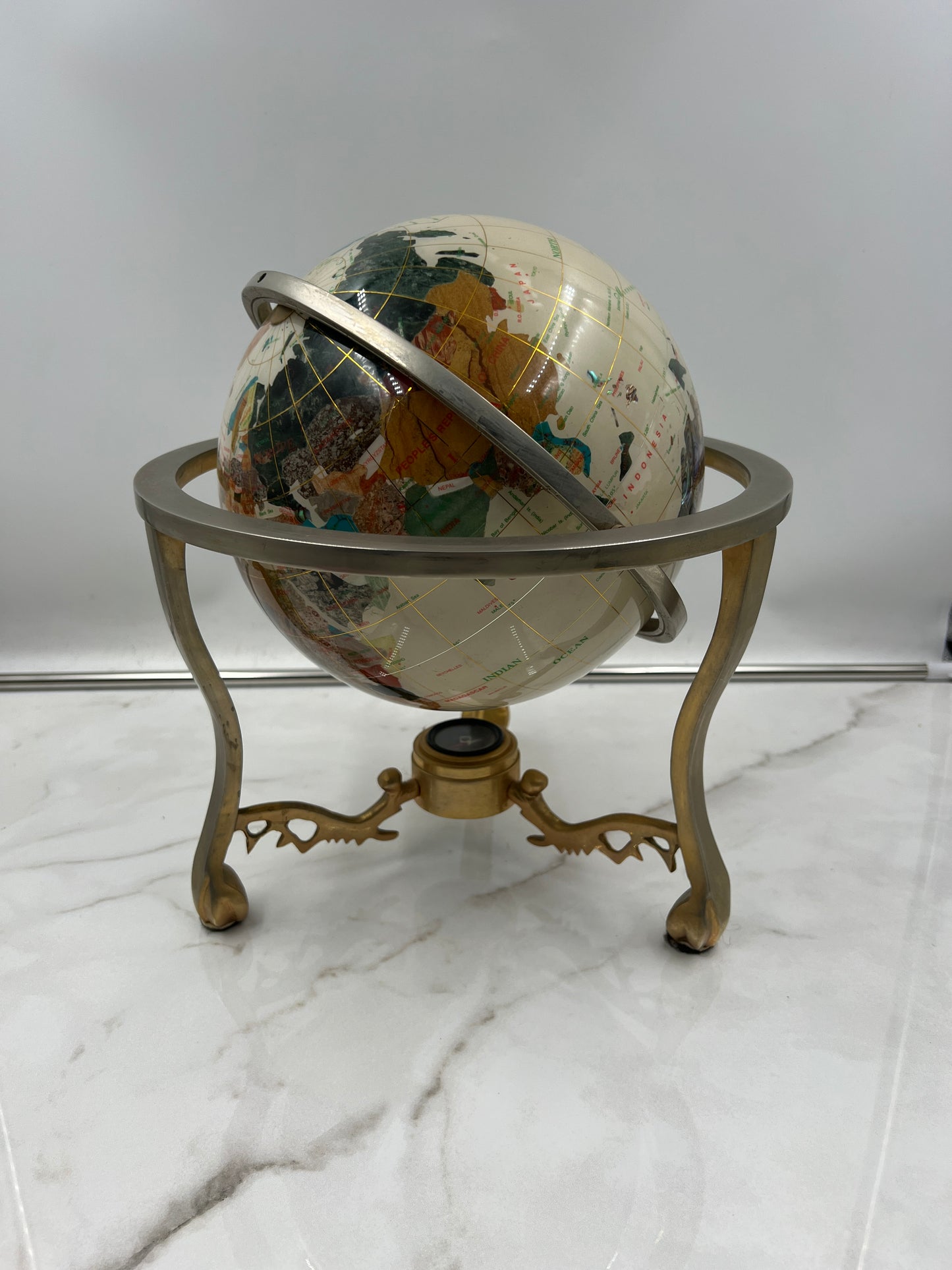 Vintage Gemstone Inlay World Globe with Gold Tone Tripod Stand and Compass