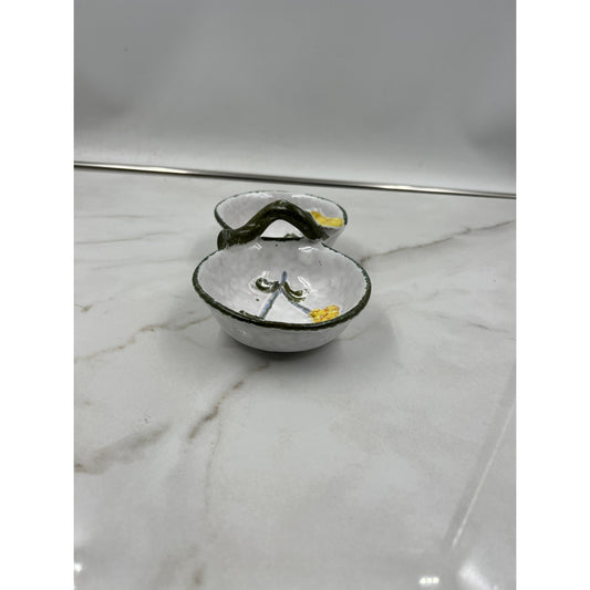 VTG Ceramic Divided Dish Italy Hand Painted Yellow Flowers Green Handle