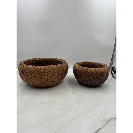 Handwoven Rattan Bamboo Wicker Basket Bowl Set Pair Nesting Boho Decor Round
