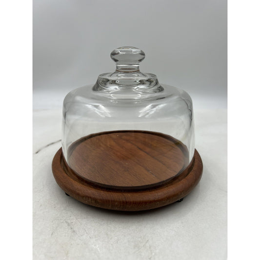 Vintage Dolphin Teakwood Cheese Board Glass Dome Cover Mid Century Modern 8 Inch