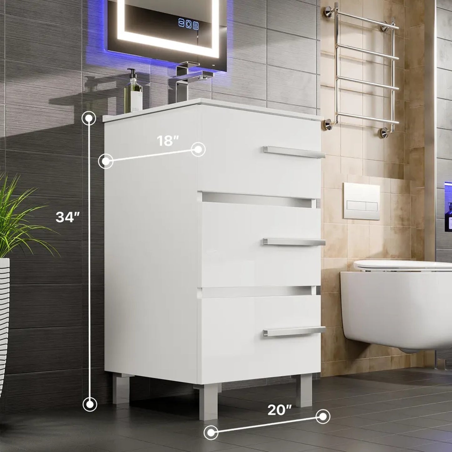 Marlaya 20" High Gloss White Silver Accents Bathroom Vanity w/Sink Set of 2