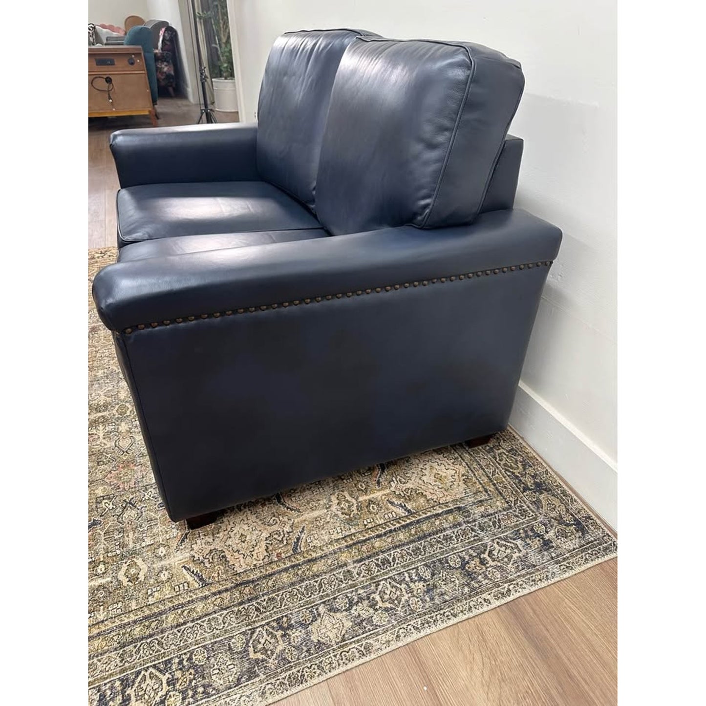 Lola 56" Wide Leather Sofa Navy Nail Head Couch