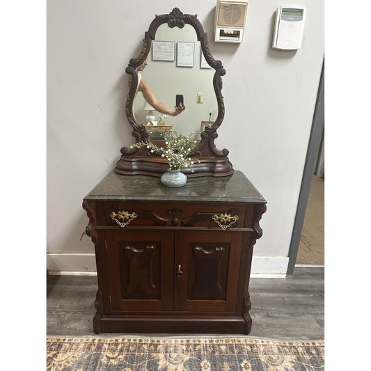 Antique Victorian Mahogany Entry Table Dresser Side Table Cabinet Mirror Marble Top