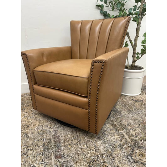 Kalai Genuine Leather Swivel Chair-CAMEL Color Nail Head Trim Arm Chair New Karat Home
