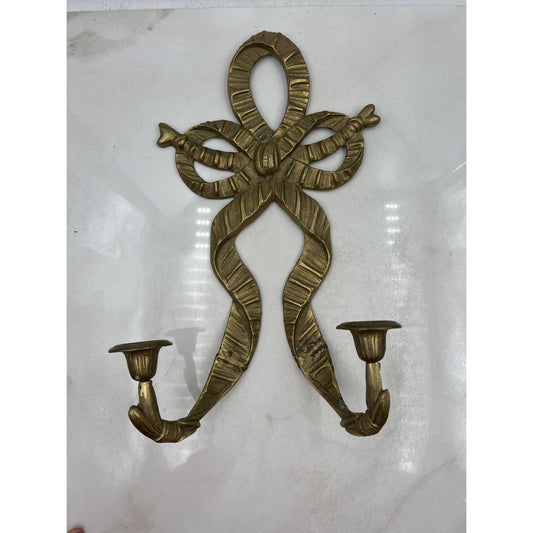 Vintage Brass Bow Ribbon Wall Candle Sconces Pair 2 Arm Made In Korea Decor