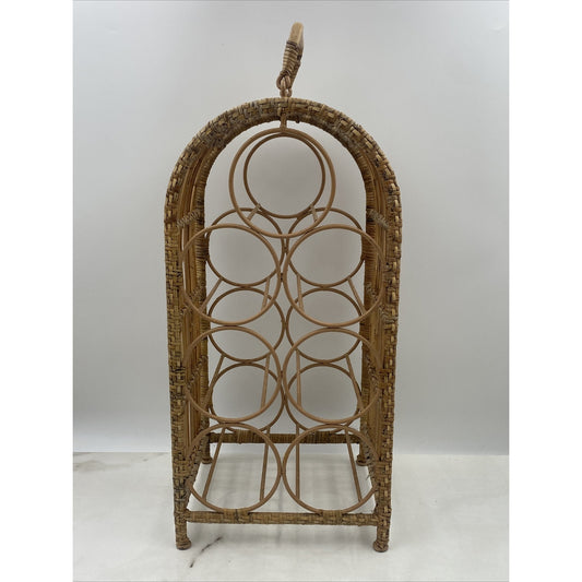 VTG Wicker Wine Rack Freestanding 7 Bottle Bamboo Holder 18" Tall Boho Hippie