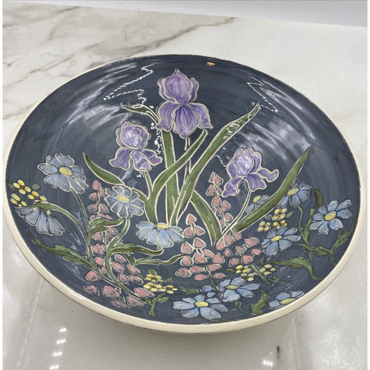Studio Pottery Serving Bowl Handmade Spring Flowers Blue 12” Easter Spring
