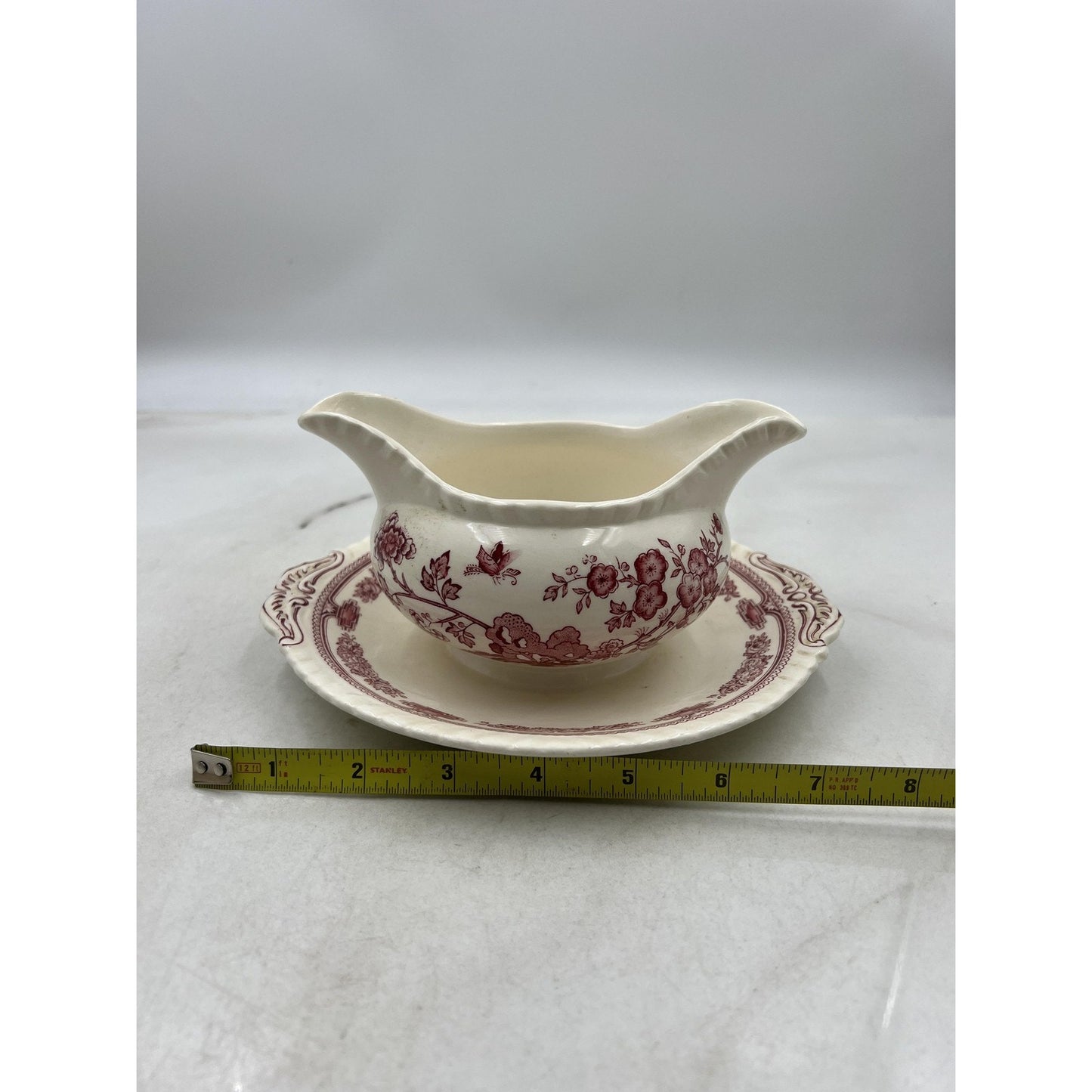 Vintage Mason's Manchu Ironstone Gravy Boat Saucer Red Floral England 9" Ceramic