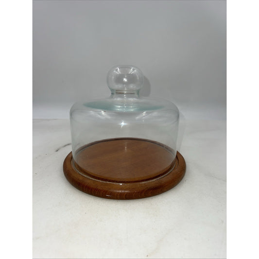 VTG Dolphin Teakwood Cheese Tray Dome Cloche Covered Glass Serving Dish