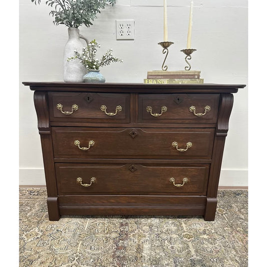 Antique Tiger Oak Dresser or Chest Entry Dark Finish Brass Accents