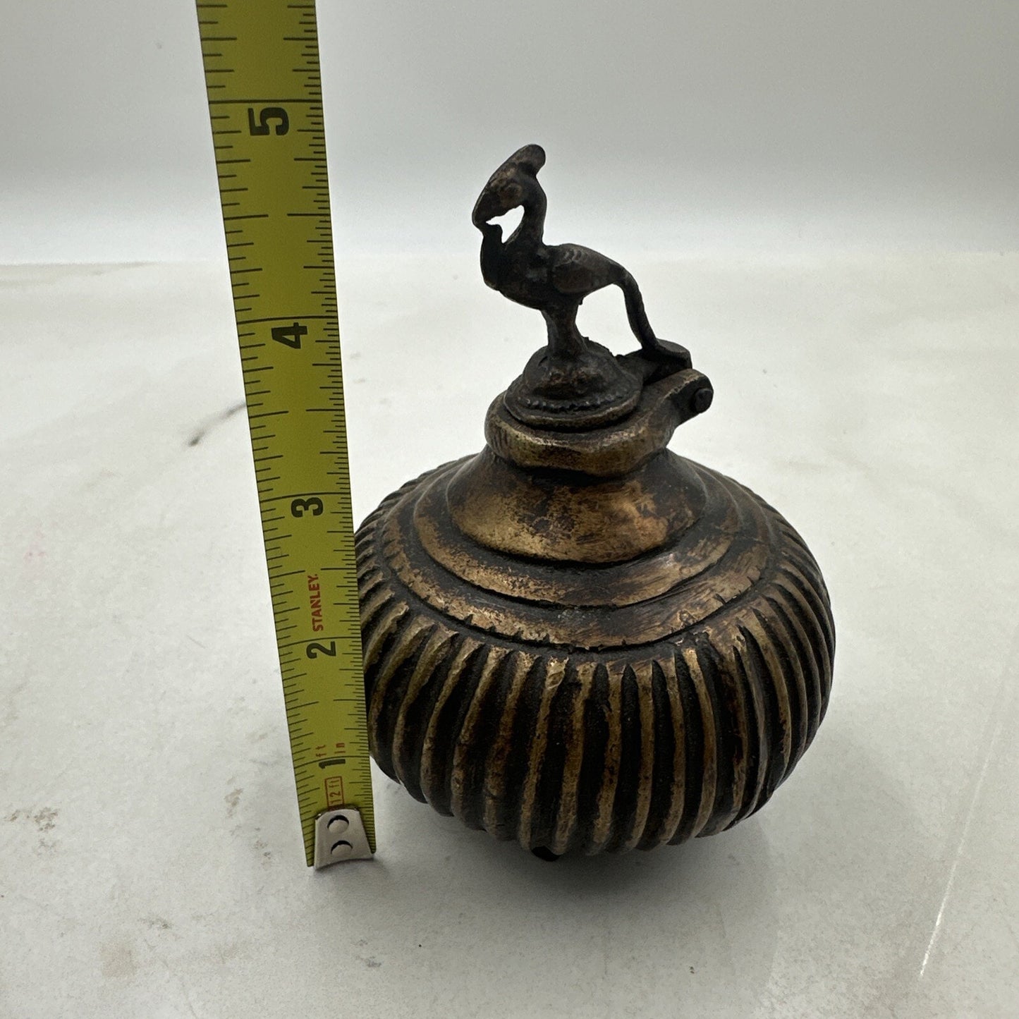 Antique Ink Well Indian Cast Bronze Mughal Footed w/ Peacock Lid & Fluted Sides