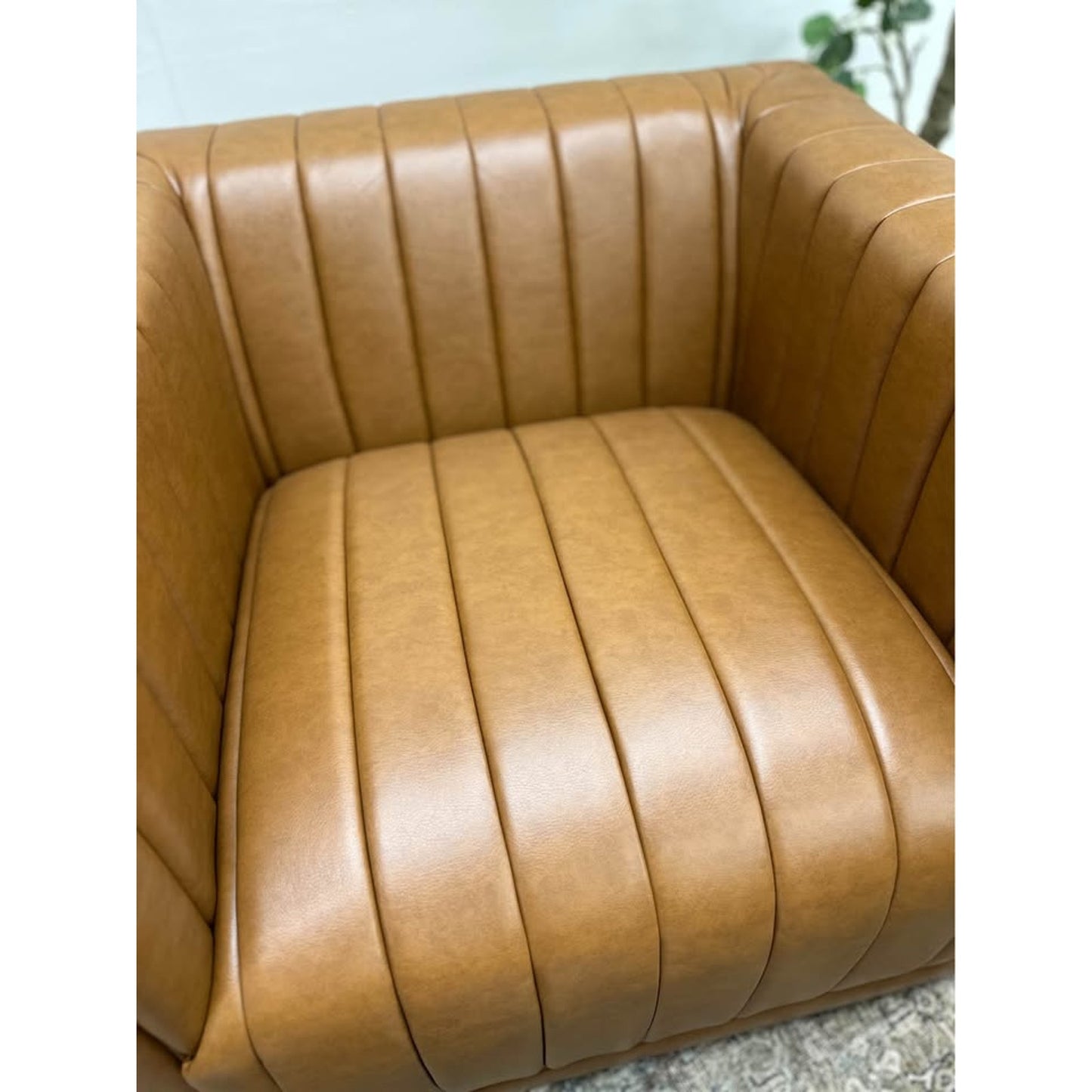 Esteban Swivel Chair-CAMEL Color Vegan Leather Channel Tufting Swivel Armchair Aviator New Karat